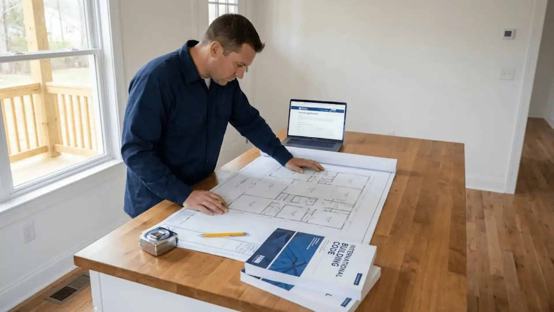 A local government code enforcement inspector standing on a residential front porch holding a clipboard while a homeowner speaks through a partially opened front door, documentary news photography style