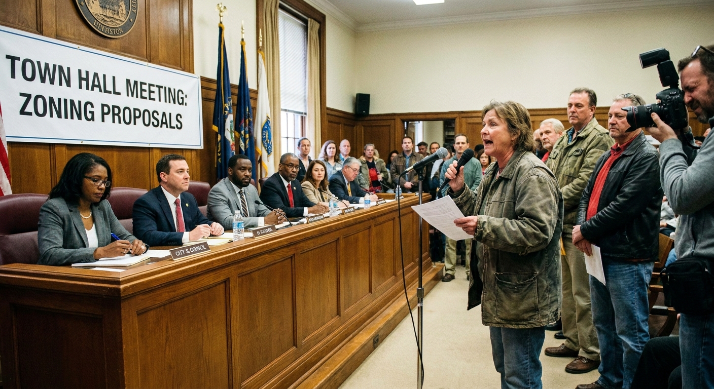 A local town hall meeting where residents stand at a microphone addressing a city council seated at a dais, news photography style