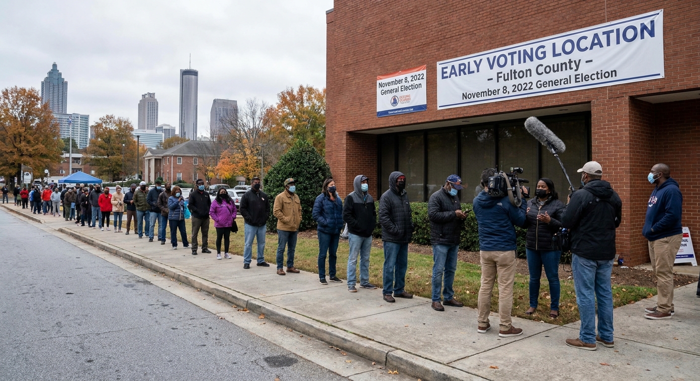 A long line of voters waiting outside an early voting location in Atlanta during the November 2022 midterm elections, documentary news photography style