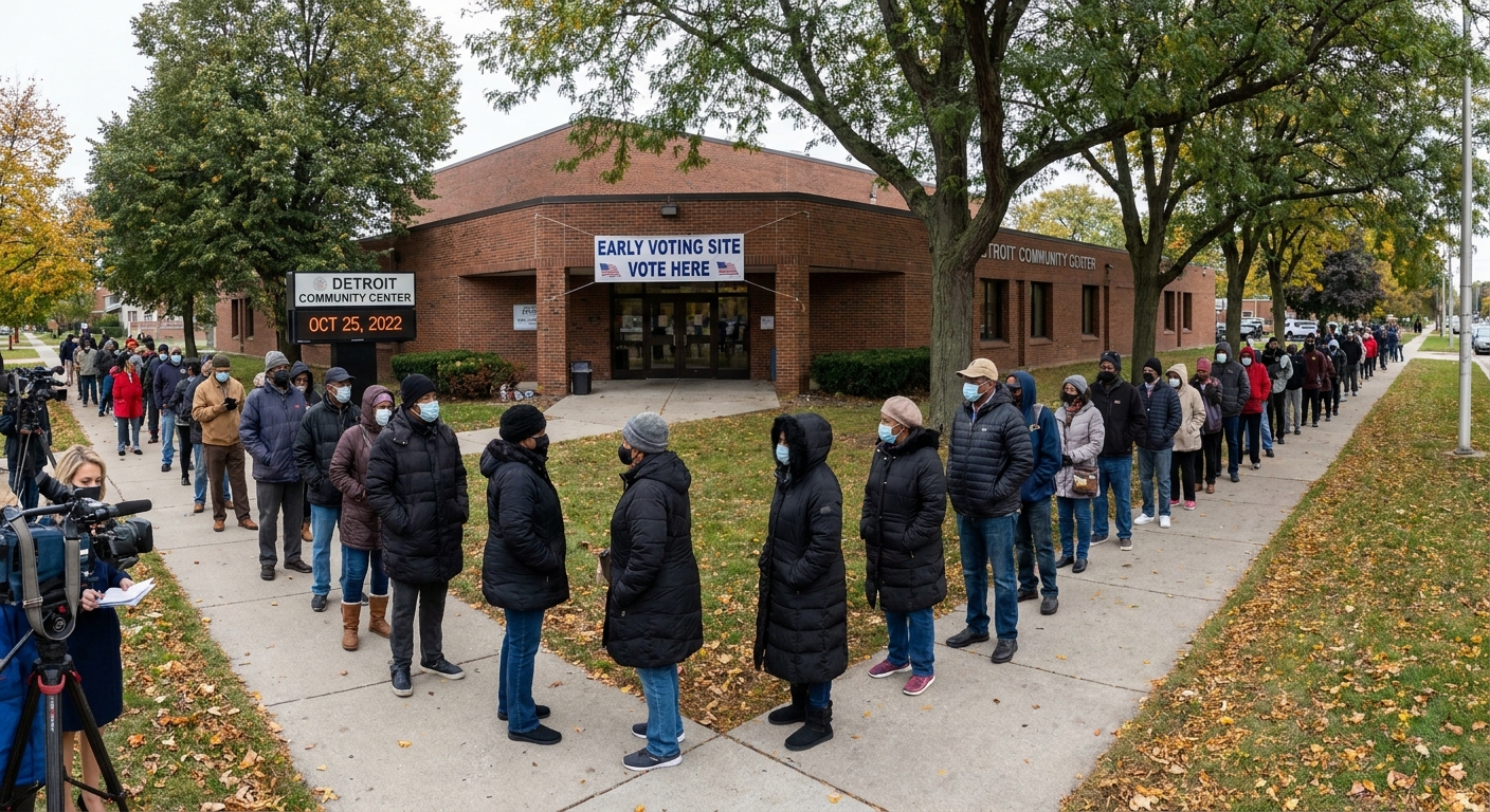 A long line of voters waiting to cast ballots during early voting at a community center in Detroit in October 2022, realistic news photography