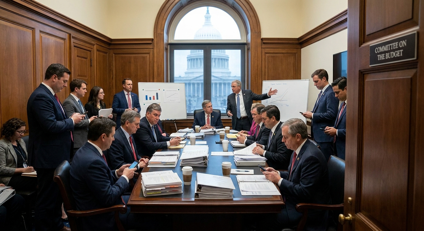 A meeting room on Capitol Hill with lawmakers and staff around a conference table covered with papers during budget negotiations