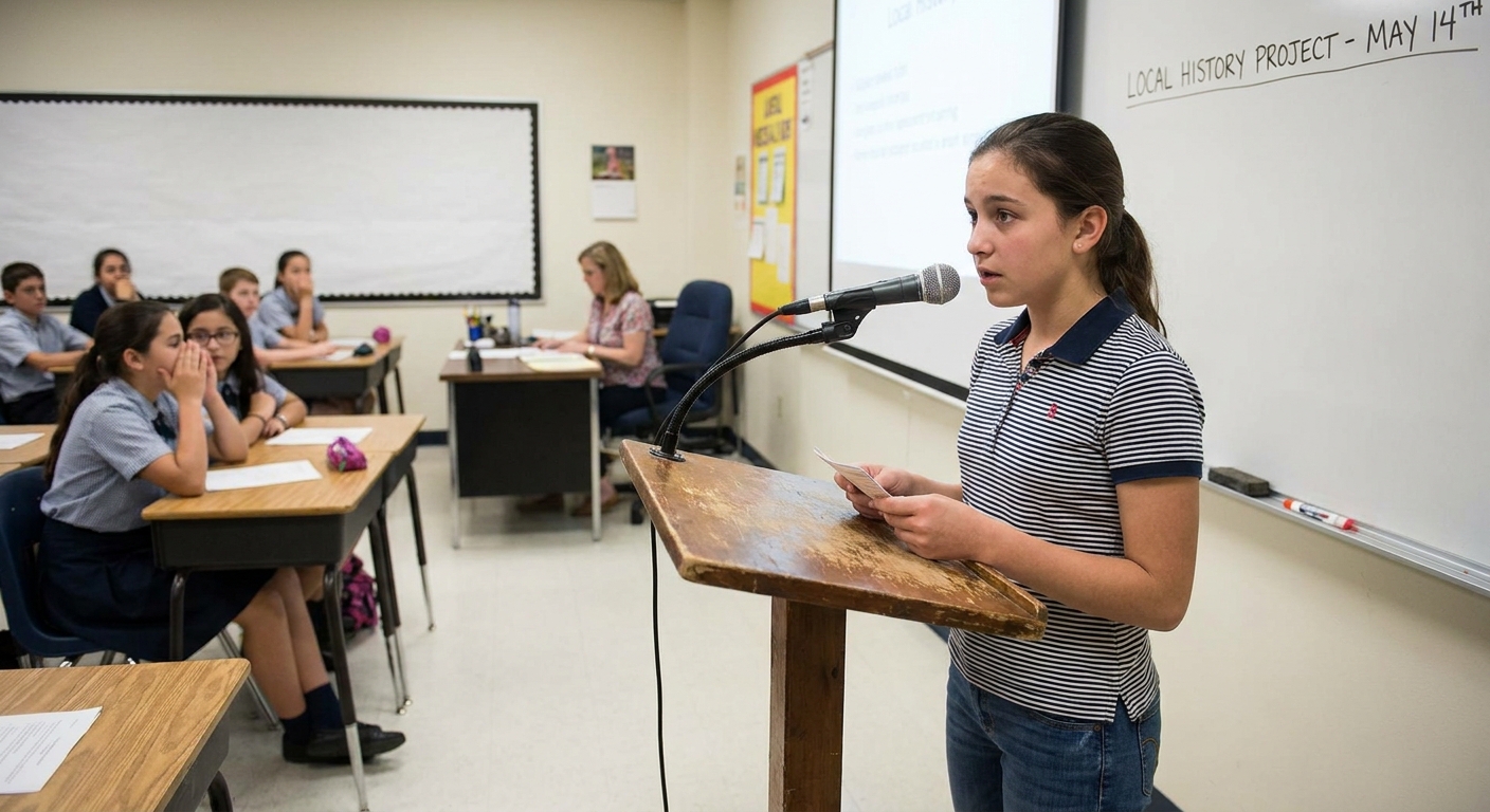 A middle school student standing at a classroom microphone during a class presentation, with classmates seated in the background, news photography style