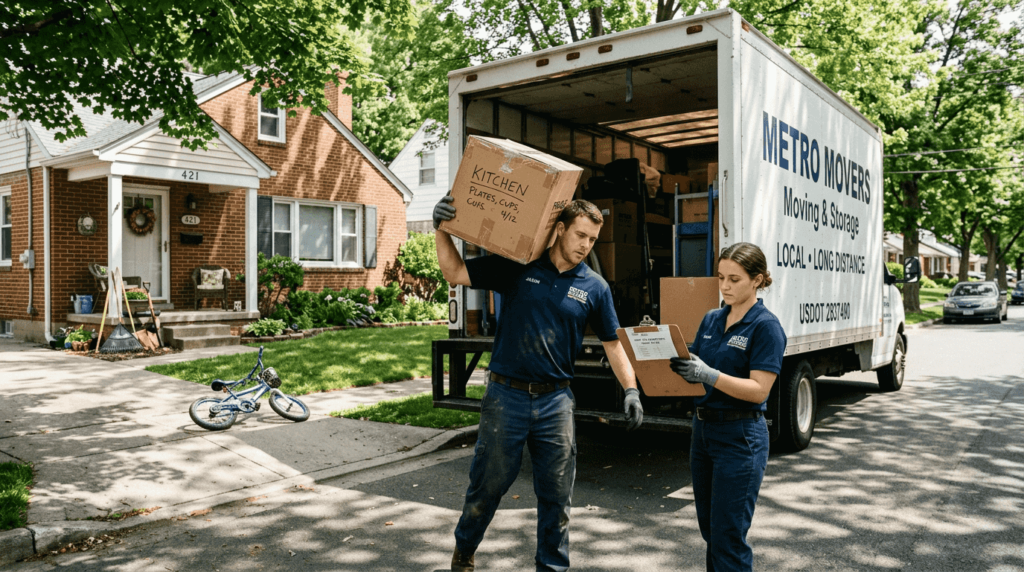 A moving truck parked in a suburban driveway with people carrying boxes toward a front door, candid documentary photography style