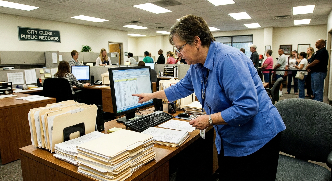 A municipal city hall office with a public employee working at a desk with paperwork and a computer, news photography style