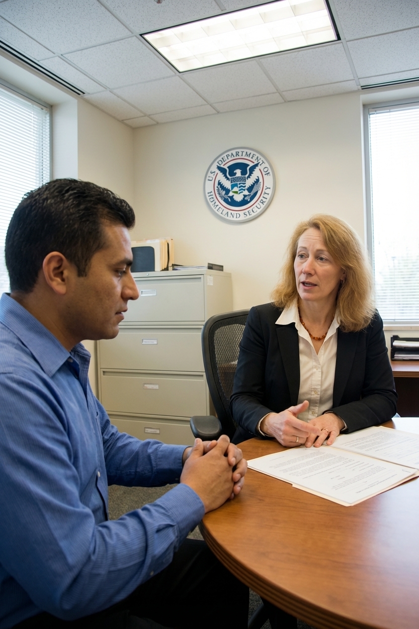 A naturalization applicant sitting across from a USCIS officer at a desk during an interview in a government office, documentary photography style