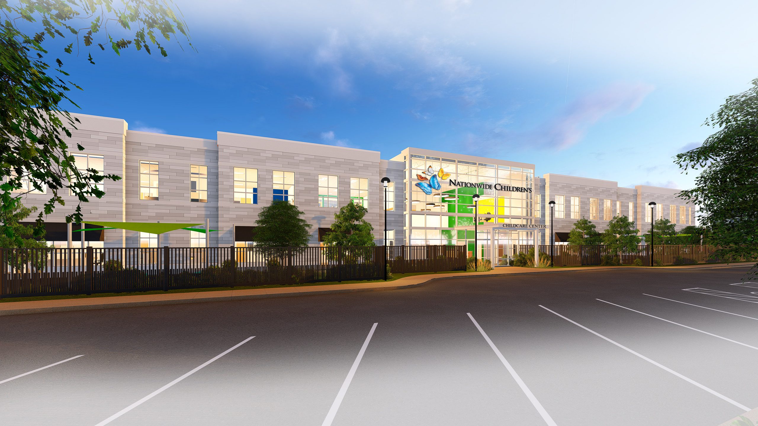 A neighborhood child care center building with a fenced playground in the foreground on a weekday morning, natural light, documentary news photo style
