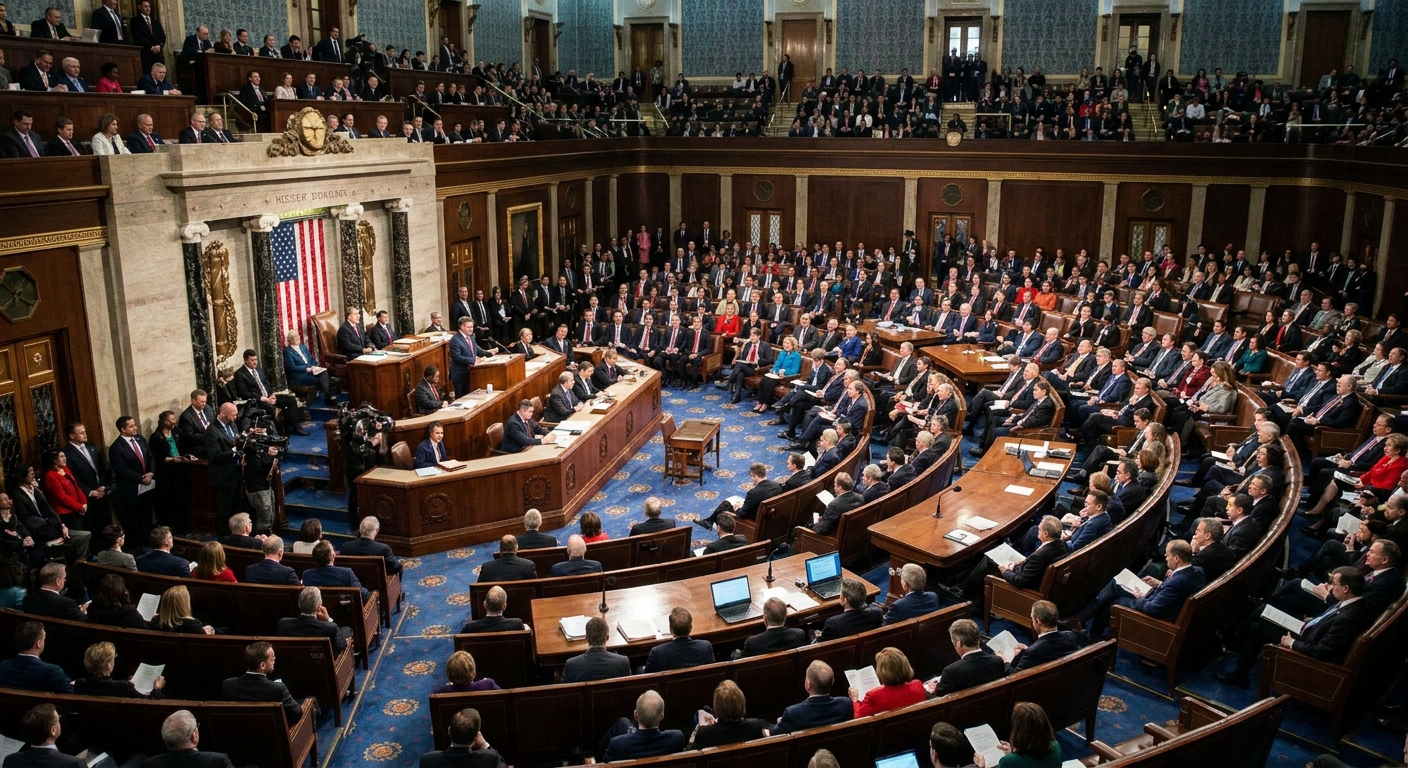 A news photograph of the United States House of Representatives chamber during a session, with members seated and the rostrum visible