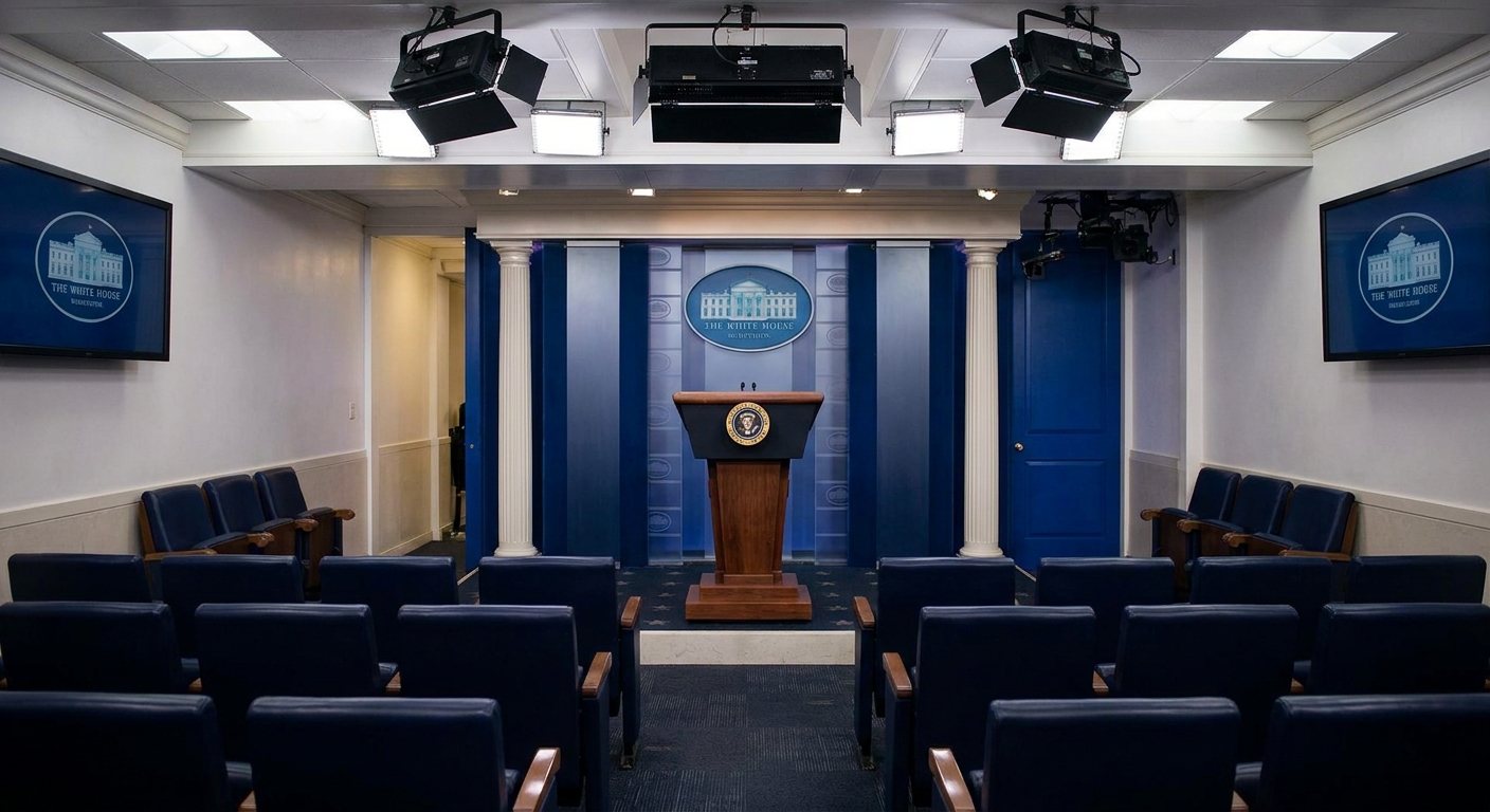 A news-style photograph of the White House press briefing room with the lectern centered and rows of empty seats facing it
