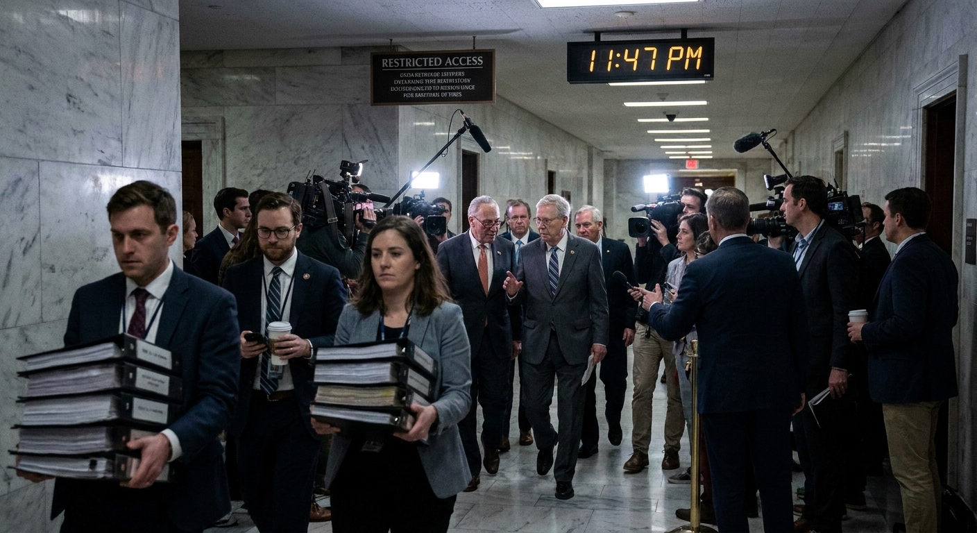A nighttime hallway inside the U.S. Capitol with staffers carrying thick binders and lawmakers walking past reporters during budget negotiations, news photography style