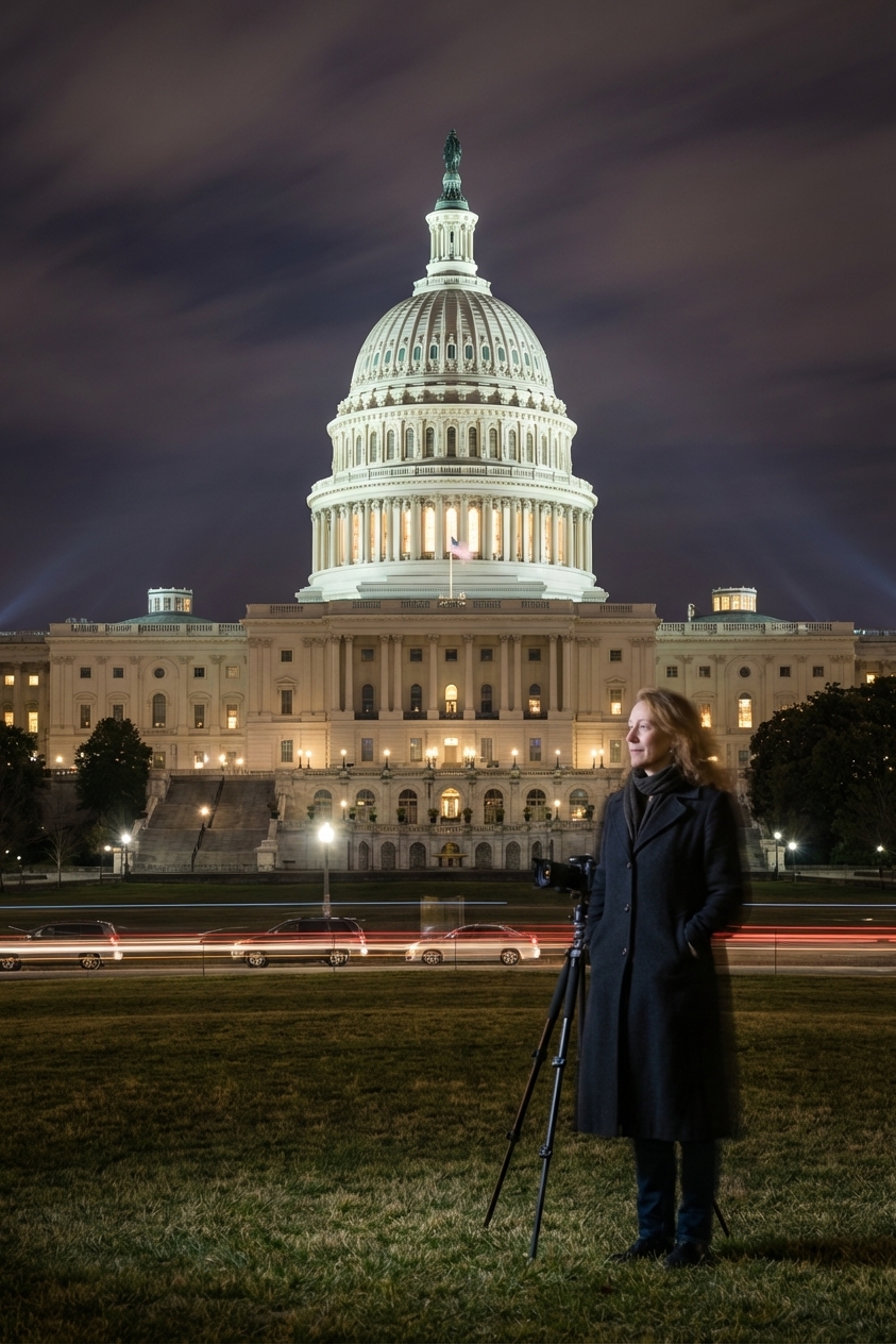 A nighttime photograph of the United States Capitol building lit up against a dark sky, viewed from the lawn with a long exposure look, photorealistic