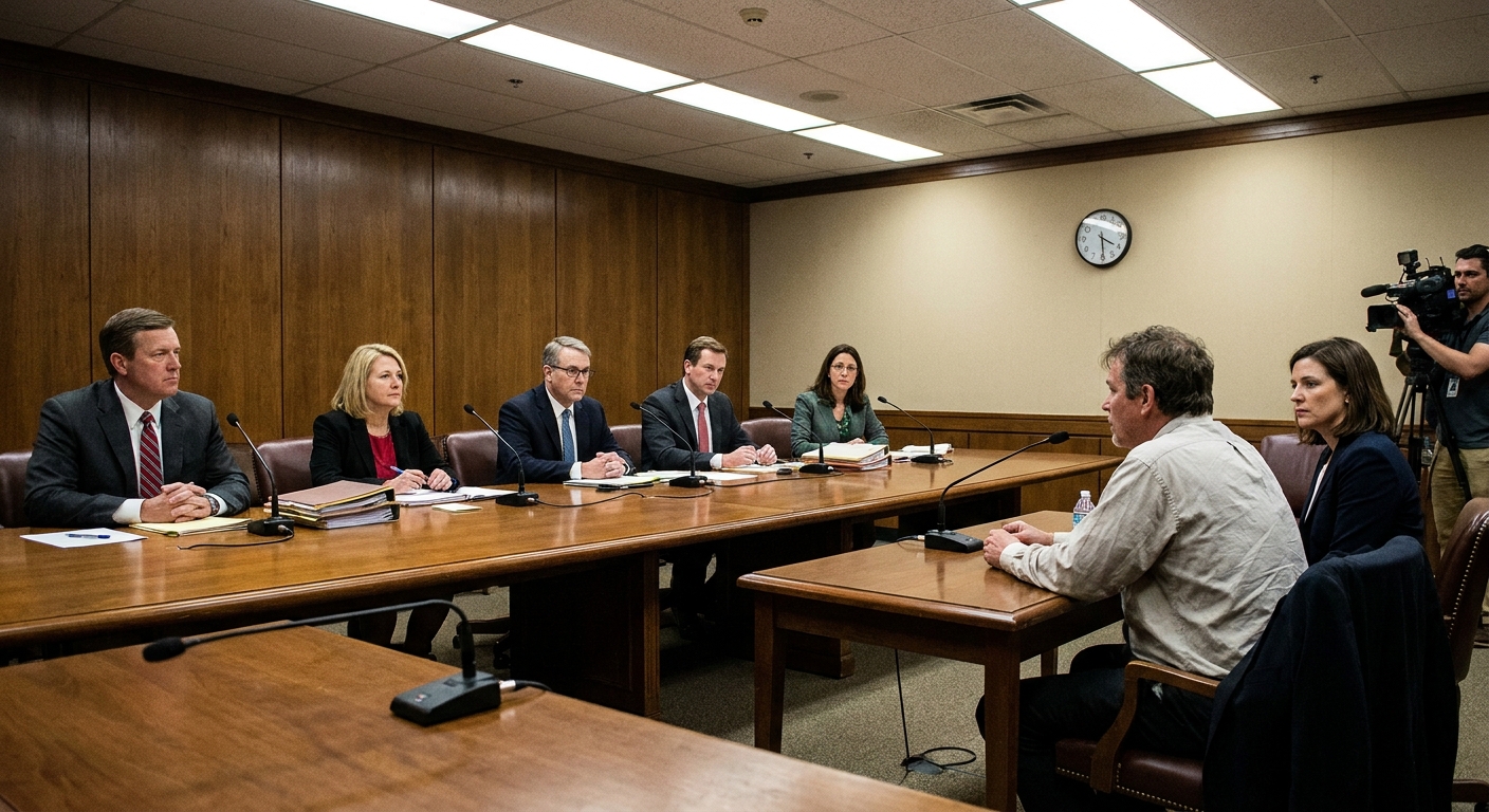 A parole board hearing room with a long table, microphones, and officials seated while a person and counsel sit facing them, realistic courtroom administrative setting, news photography style