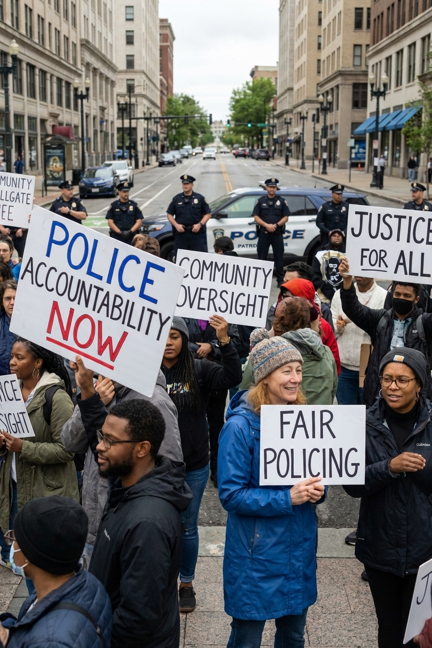 A peaceful public demonstration in a city street with people holding signs about police accountability while police officers stand at a distance monitoring the crowd, realistic photojournalism style