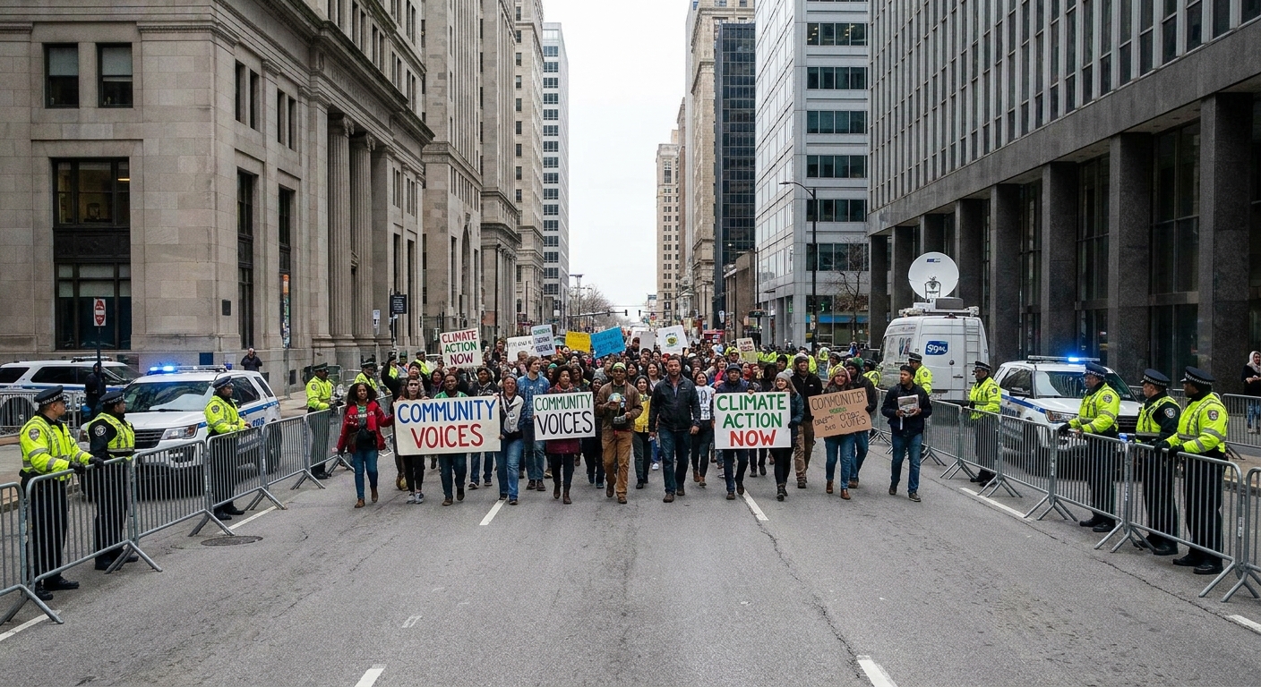 A permitted march moving down a downtown city street with police barricades along the route, real news photograph style