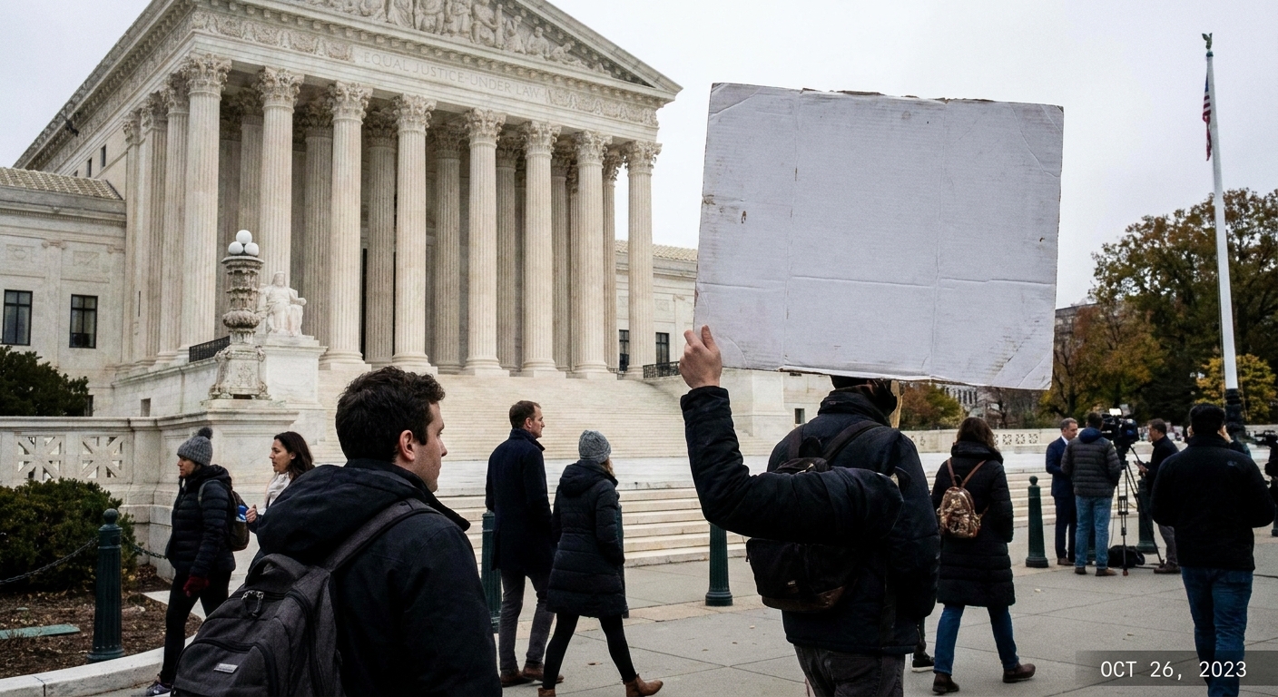 A person holding a blank protest sign outside the United States Supreme Court building in Washington, D.C., with other pedestrians in the background, news photography style