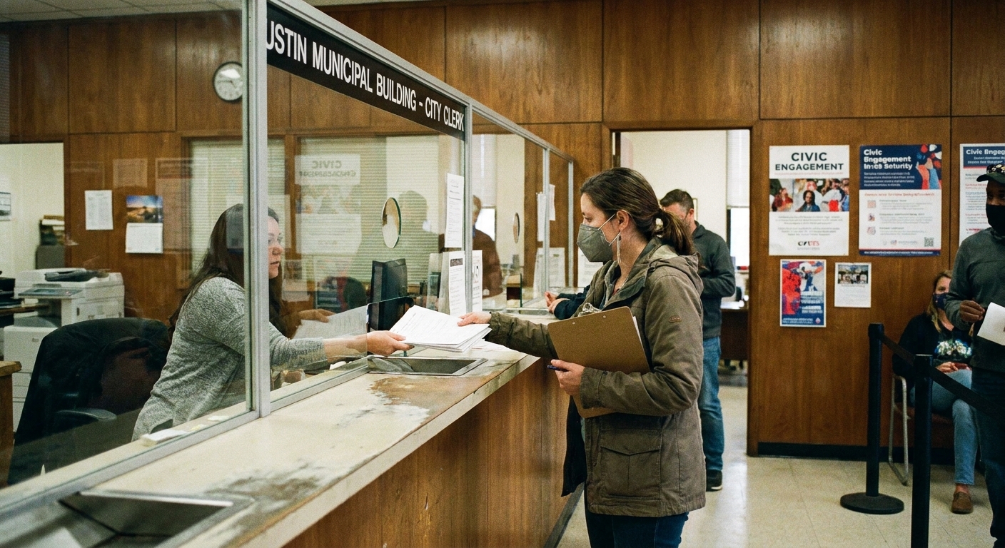 A person holding a clipboard while submitting papers at a municipal office counter in Austin, Texas, capturing a real moment of civic petitioning, news photography style