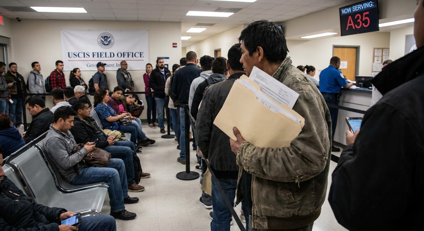 A person holding a folder of documents while standing in line inside a USCIS field office waiting area, documentary news photography style