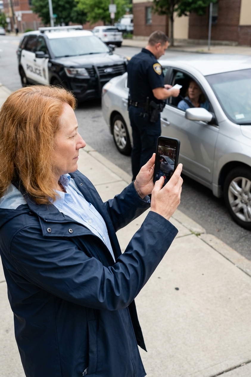 A person holding a smartphone at chest height recording a police traffic stop from a sidewalk in daylight, realistic news photography