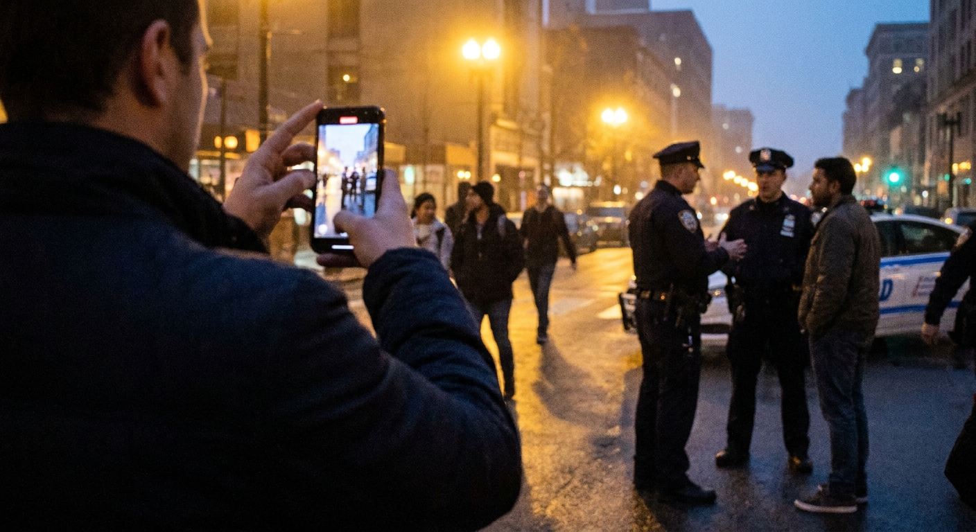 A person holding a smartphone at chest level recording a police interaction across the street in the evening, natural light, documentary photography style