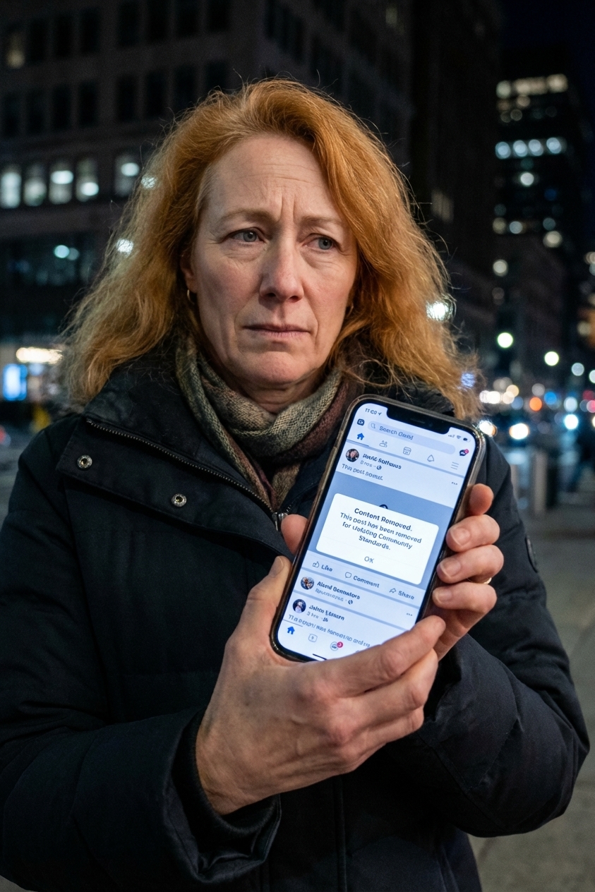 A person holding a smartphone at night with a social media app open while a content removed notification appears on the screen, realistic news photography style