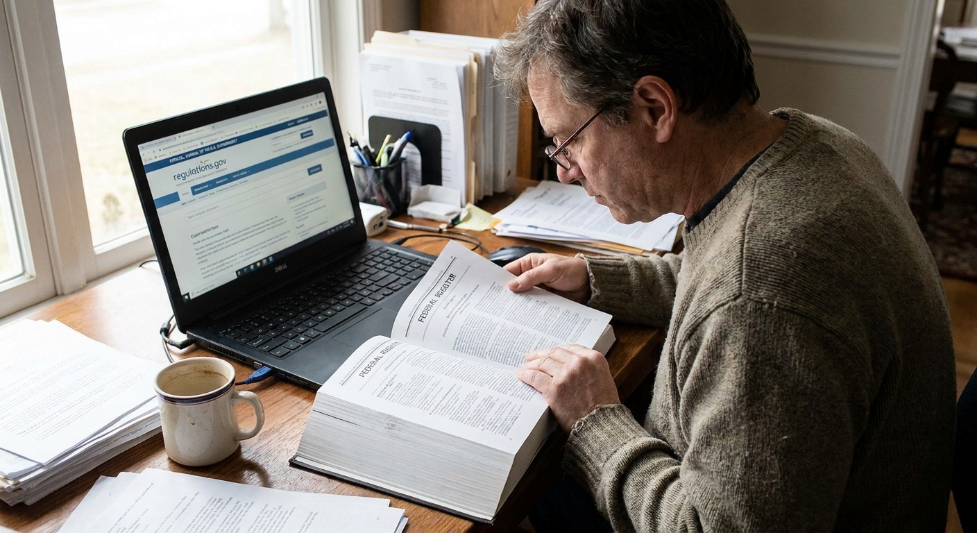 A person reading a printed Federal Register notice at a desk with a laptop open to an official government webpage, news photography style