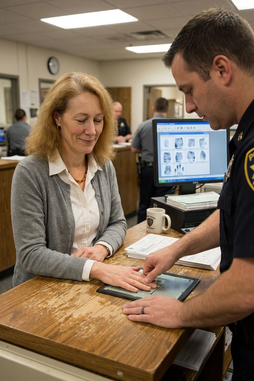 A person seated at a county police station desk during a fingerprinting appointment, hands on the counter, realistic documentary photo