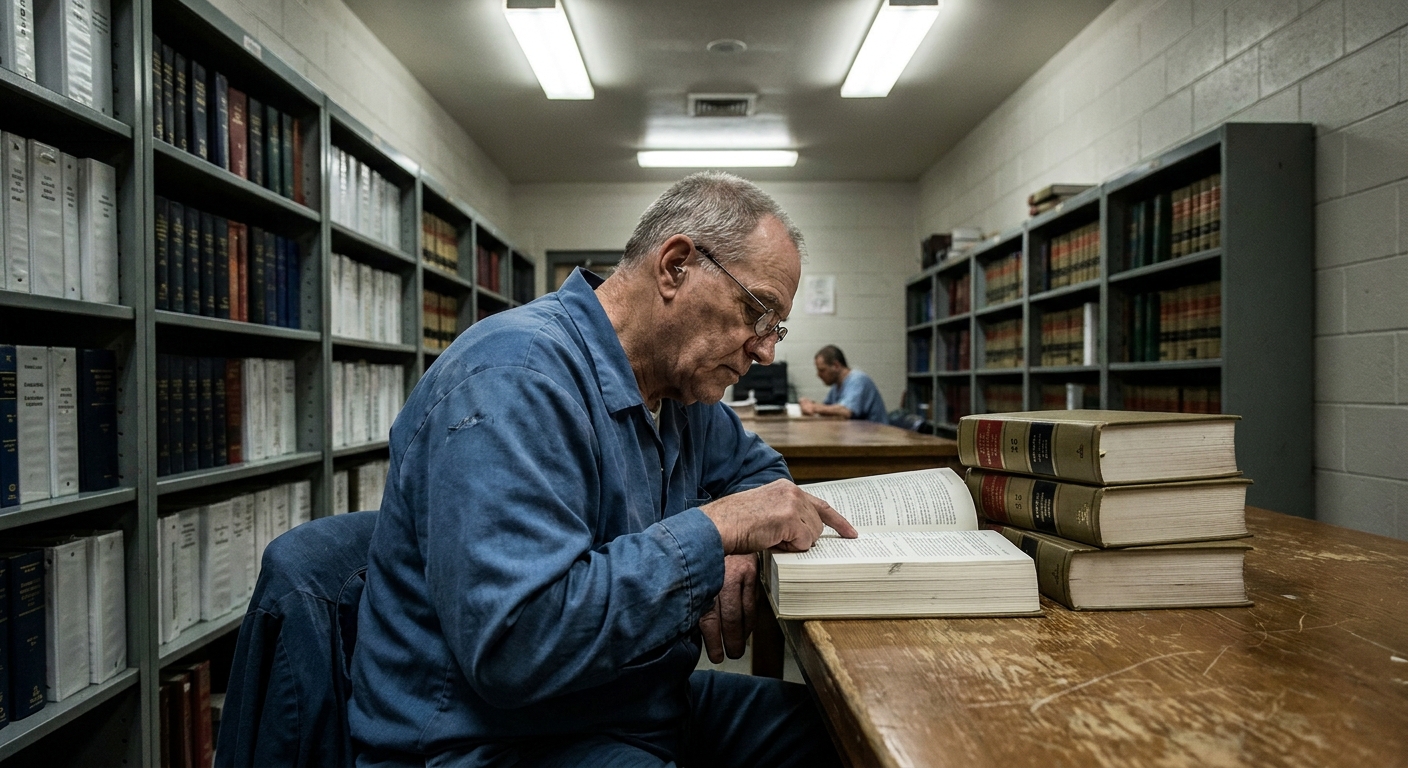 A person seated at a table in a prison law library reading casebooks under fluorescent lighting, realistic documentary photograph