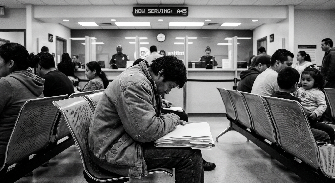 A person seated in a USCIS waiting room holding a folder of immigration documents, with a service counter in the background, documentary news photography style