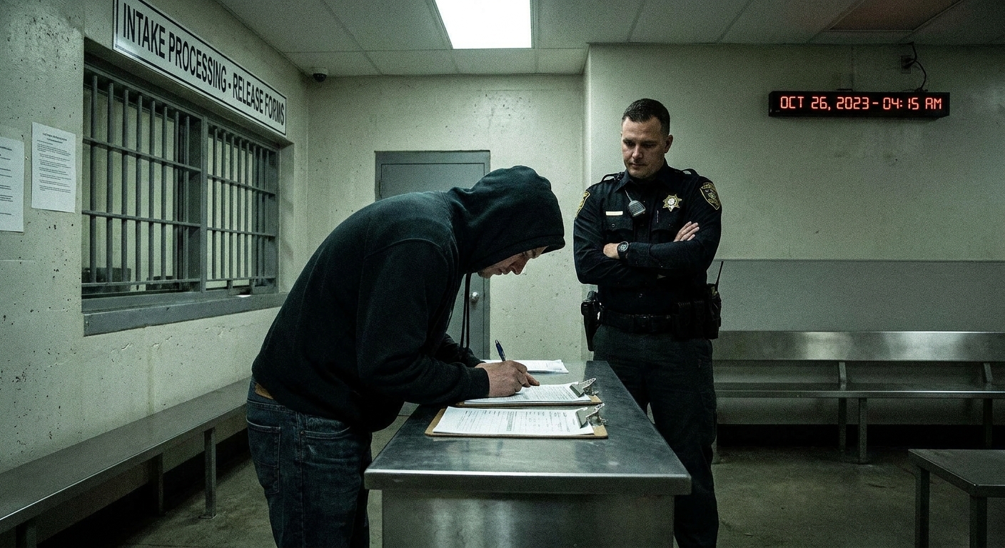 A person signing release paperwork at a county jail intake area while a corrections officer stands nearby, realistic low-light news photography style