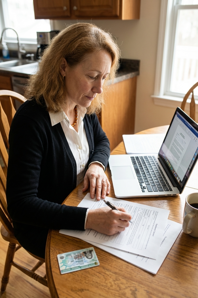 A person sitting at a kitchen table filling out paperwork with a laptop open and a U.S. permanent resident card placed nearby, realistic home documentary photo