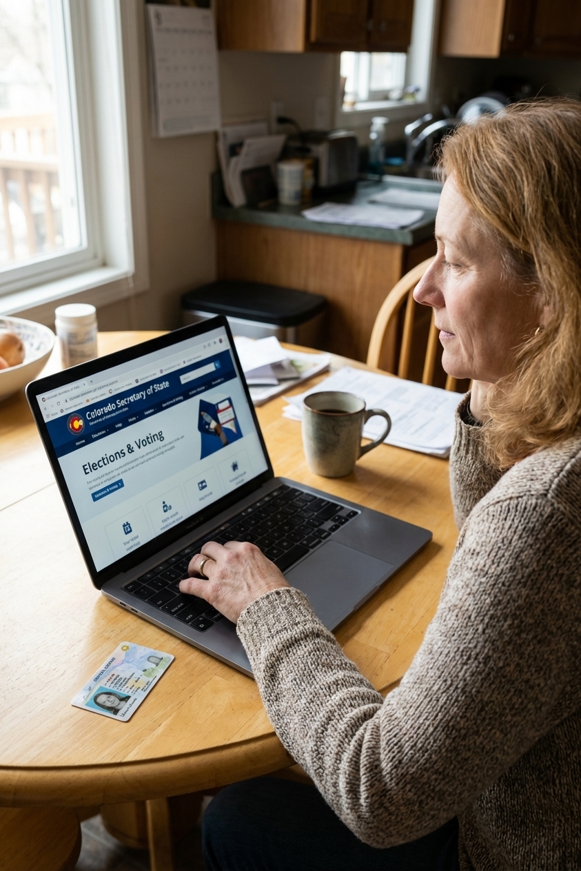 A person sitting at a kitchen table using a laptop to navigate a state elections website, with a driver license resting beside the computer, candid photo style