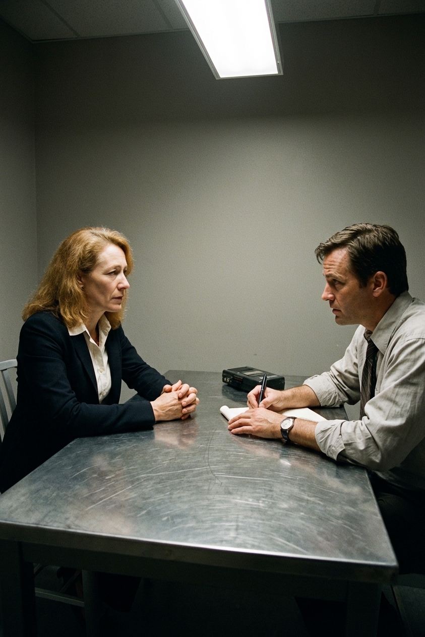A person sitting at a metal table in a police interrogation room with neutral walls and a single overhead light, a detective seated across taking notes, realistic news photography style