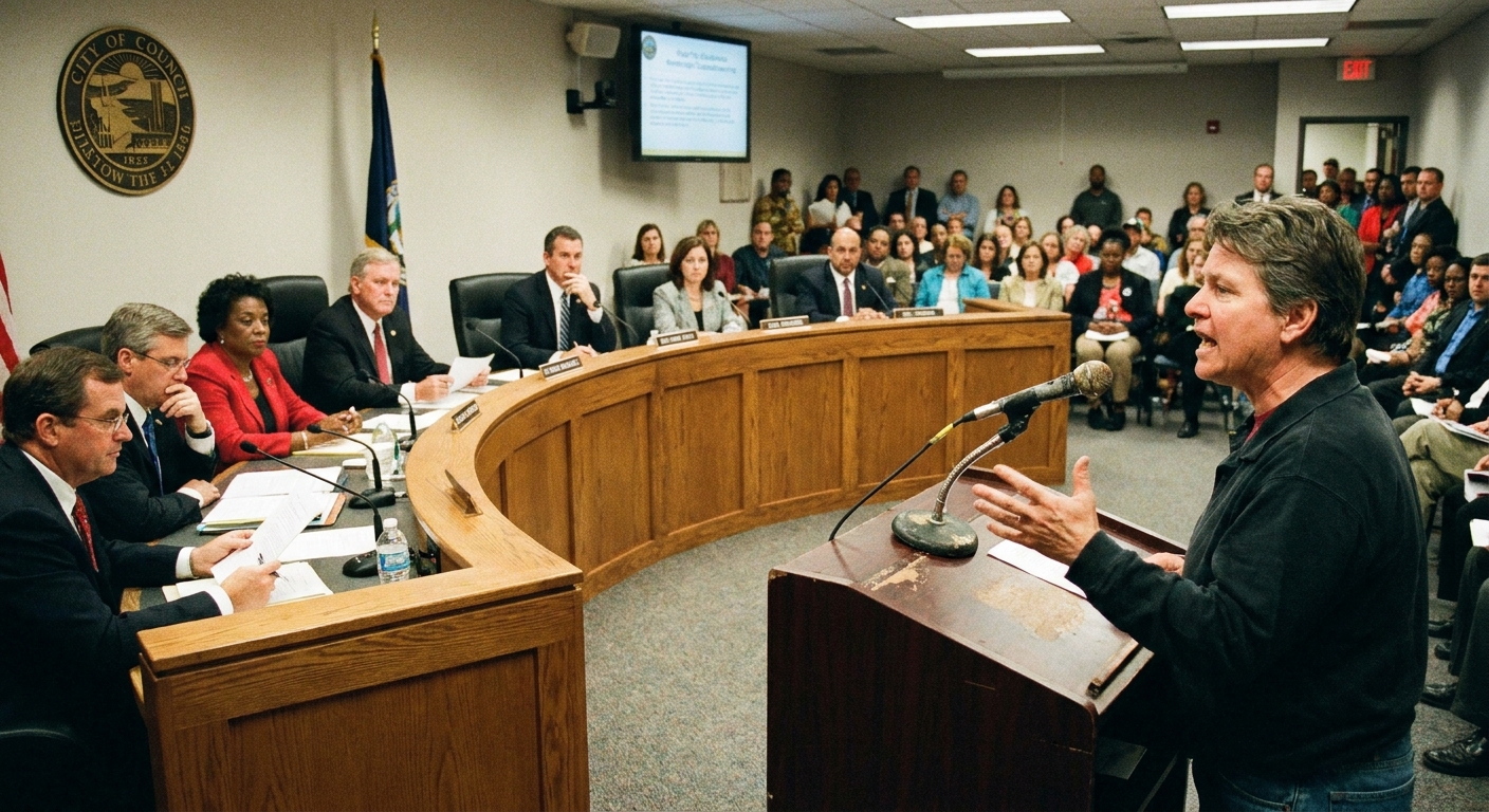 A person speaking at a microphone during a city council meeting while council members listen from the dais, real photojournalism style