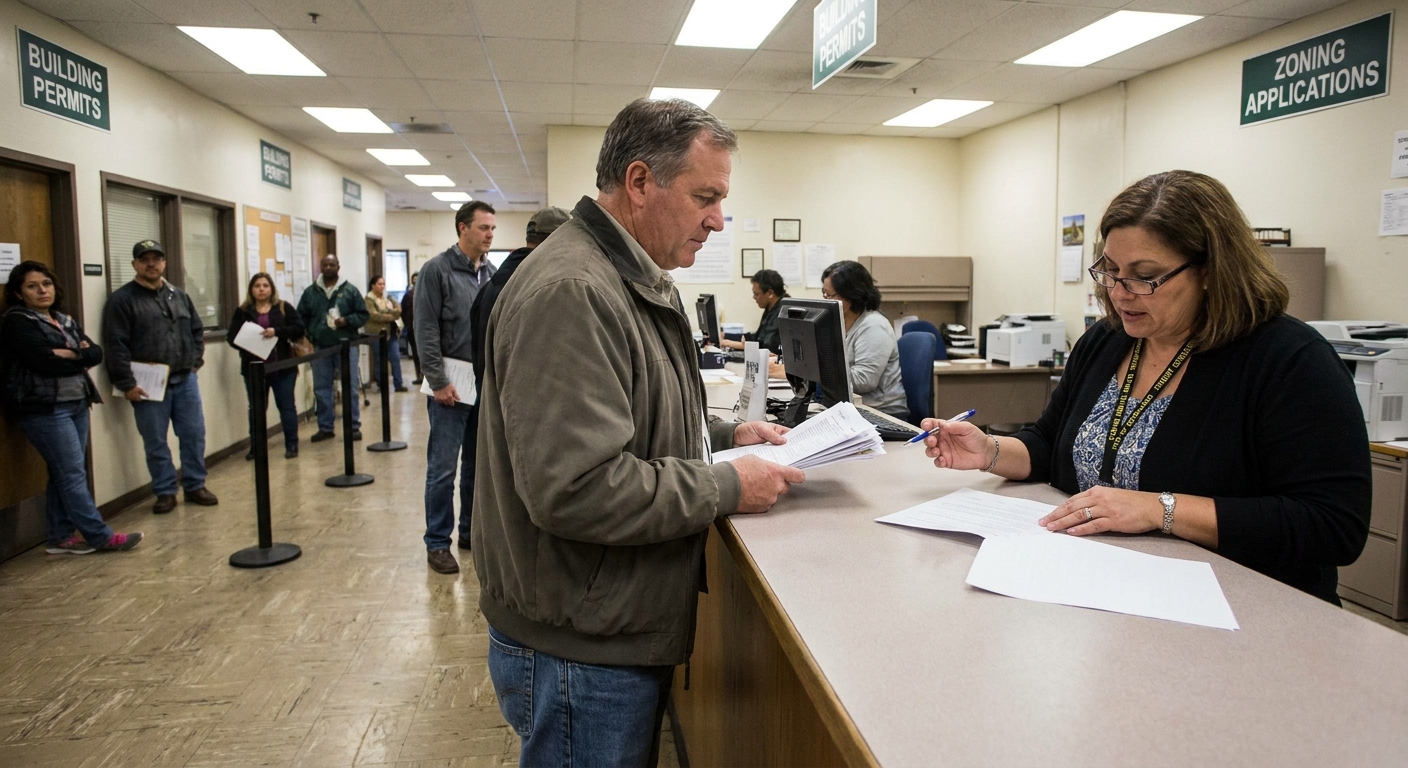 A person standing at a municipal permit office counter holding paperwork while a clerk reviews forms, real-world civic office photography style