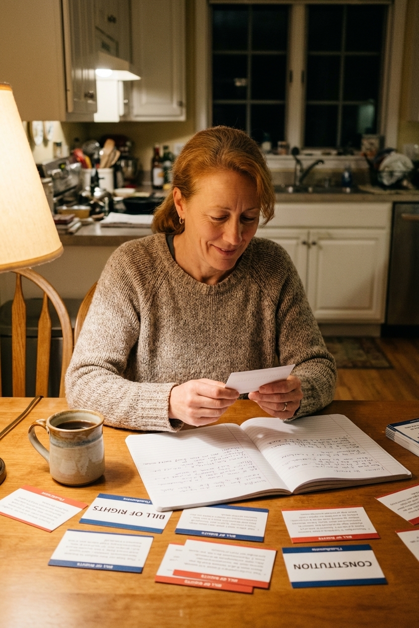 A person studying at a kitchen table with civics flashcards, a notebook, and a cup of coffee under warm indoor lighting, candid photo