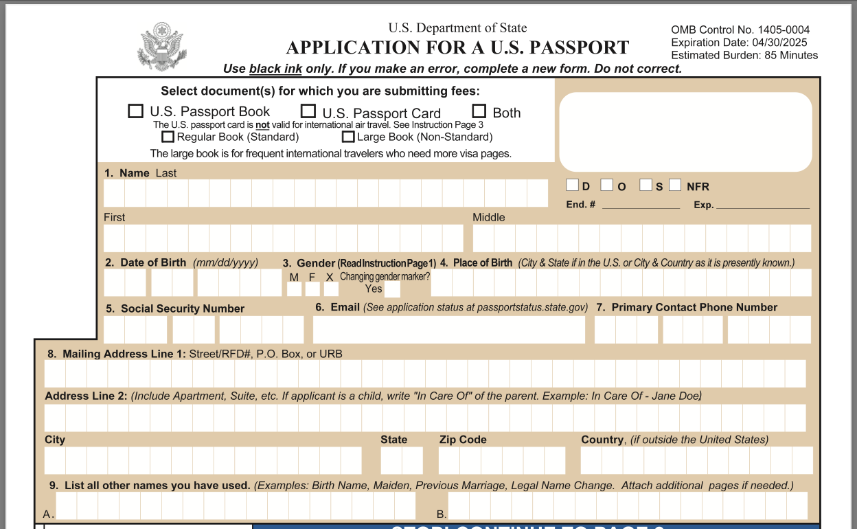 A person’s hands holding a United States passport application form on a desk with a pen nearby, documentary photo style
