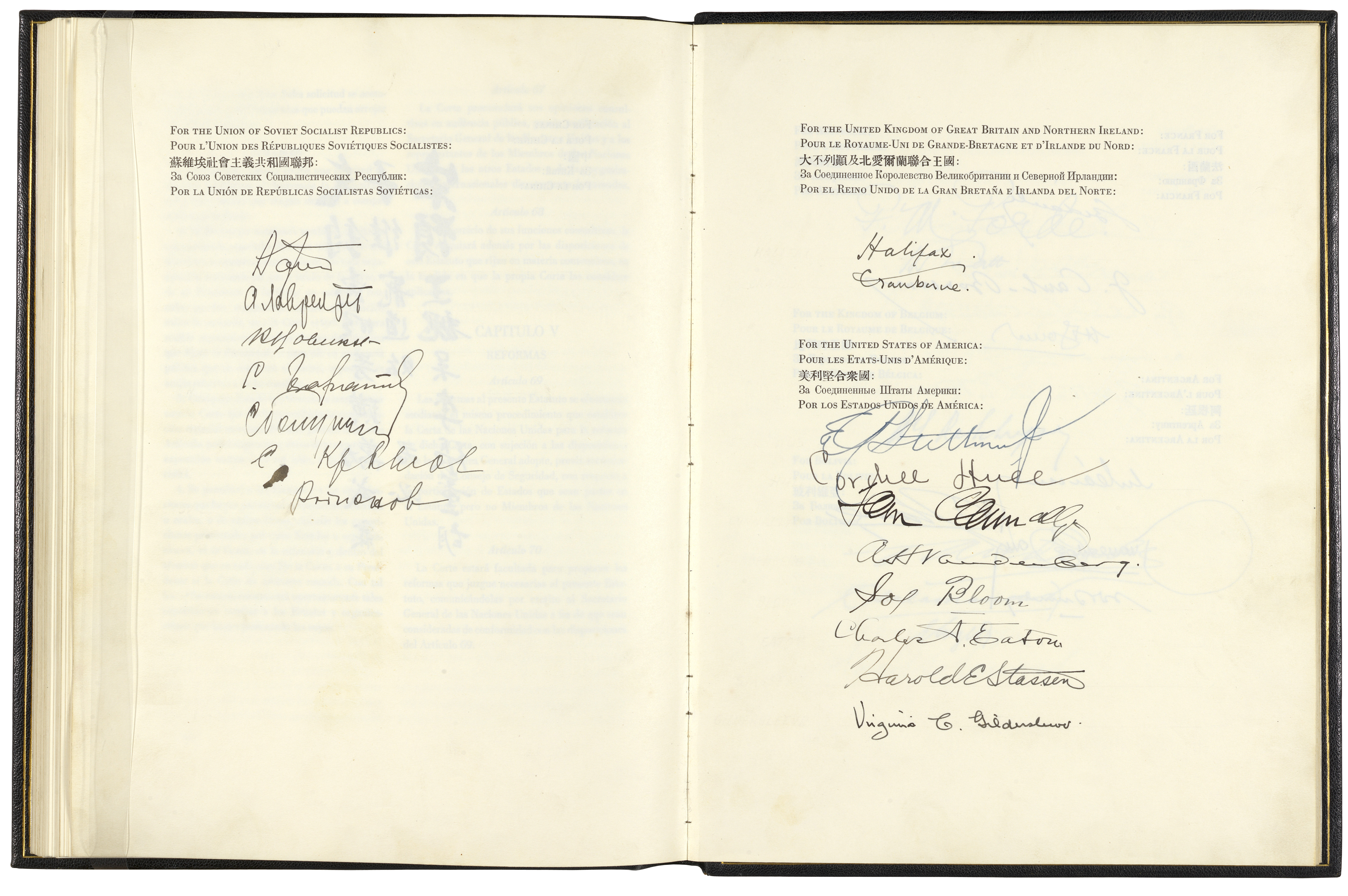 A photo of the United Nations Charter on display