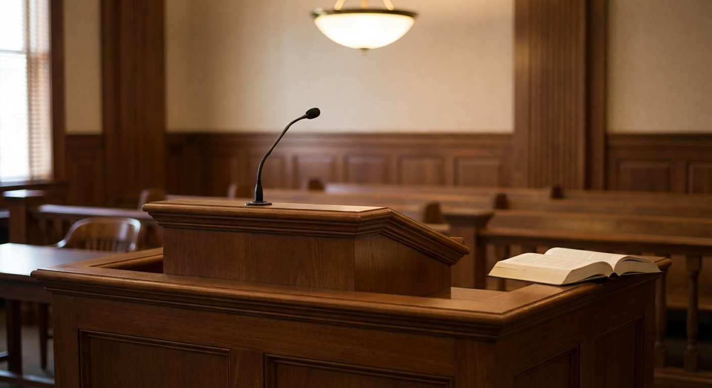 A photograph inside a courtroom focused on an empty witness stand with a microphone, soft lighting, serious formal atmosphere