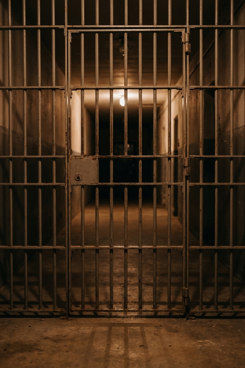 A photograph of a closed prison cell door with bars and a dimly lit corridor behind it, stark documentary style