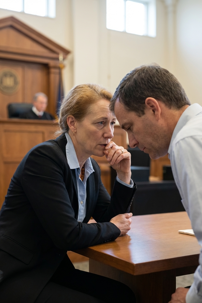 A photograph of a defense attorney speaking quietly with a client at a courtroom table while a judge’s bench is visible in the background, candid documentary style