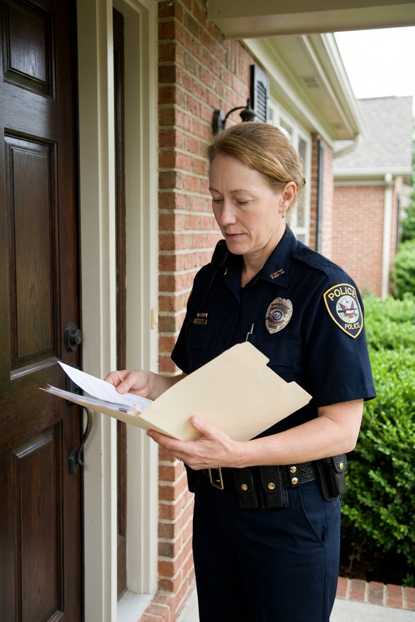 A photograph of a police officer holding a folder with paperwork while standing at a residential front door, neutral documentary news style