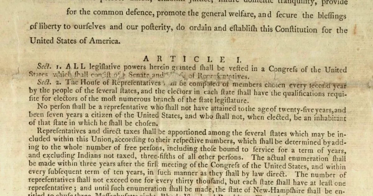 A photograph of a printed copy of the U.S. Constitution with Article I, Section 4 visible
