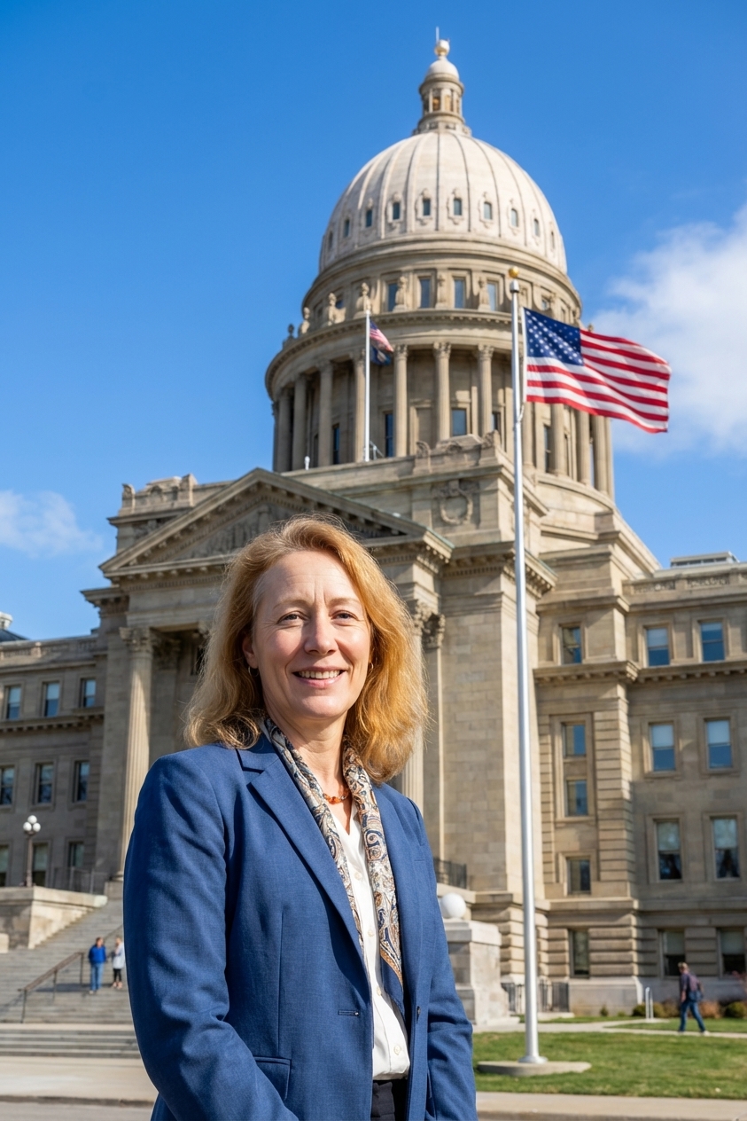 A photograph of a state capitol building with a dome and an American flag flying in front, bright daytime sky, civic documentary photography