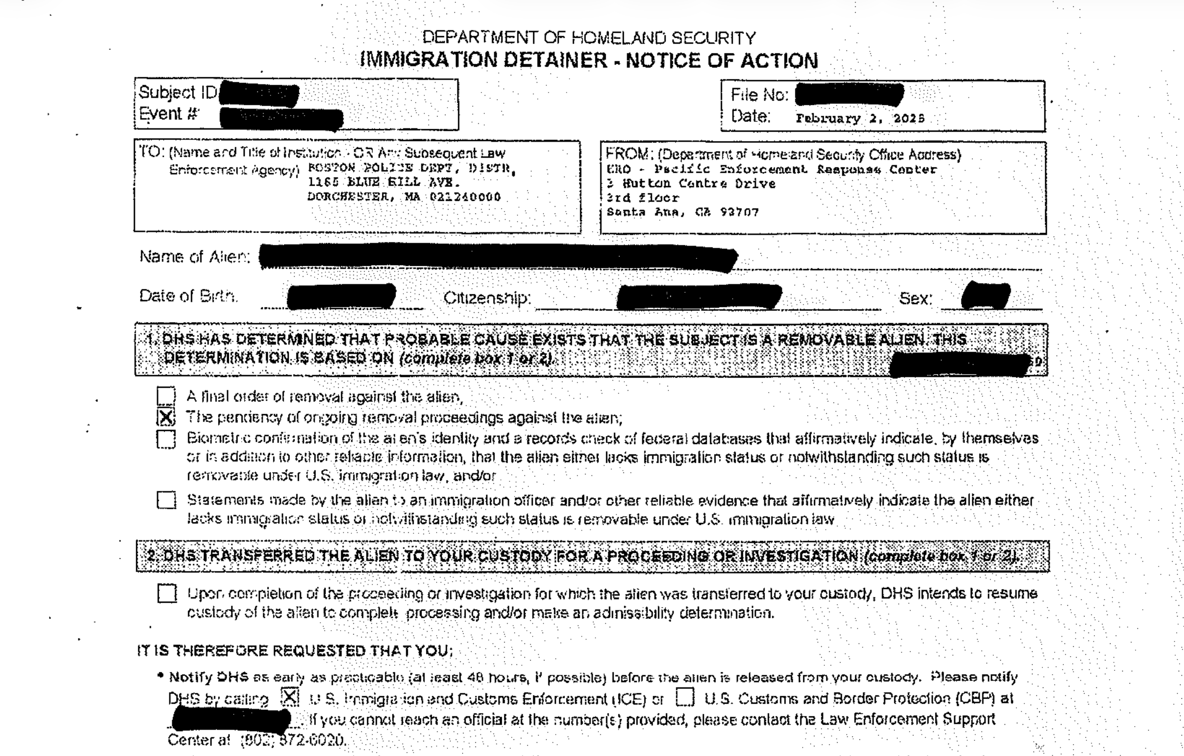 A photograph of an ICE detainer document (Form I-247 series) as an example of the paperwork people often associate with custody and notification questions.