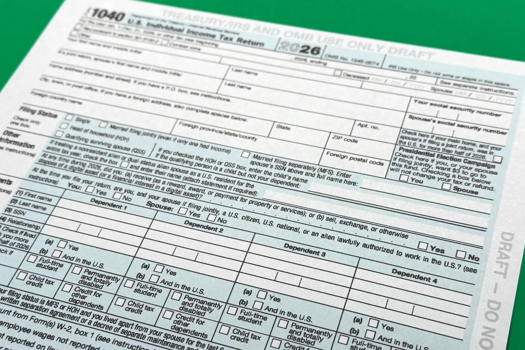 A photograph of an IRS Form 1040 draft page for the 2026 tax year