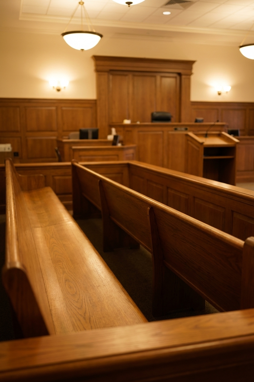 A photograph of an empty jury box in a courtroom with wooden benches and warm lighting, quiet and formal atmosphere