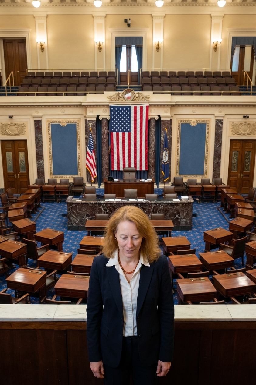 A photograph of the United States Senate chamber from the gallery with desks and flags visible