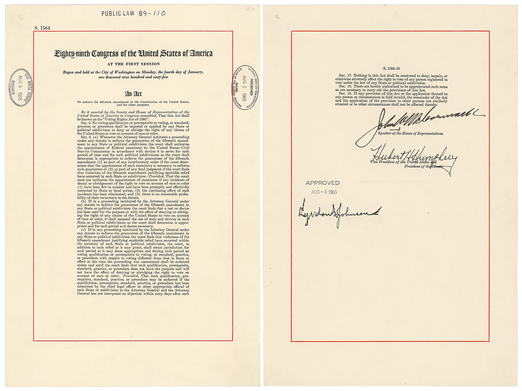 A photograph of the Voting Rights Act of 1965 on display, showing the title and statutory text