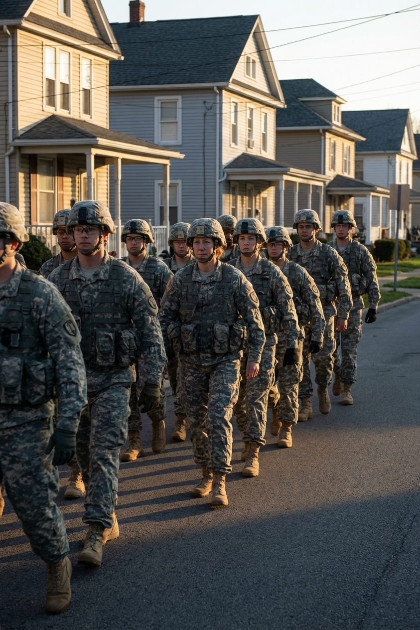 A photograph of uniformed soldiers walking down a quiet residential street with houses visible, early morning light, documentary photography