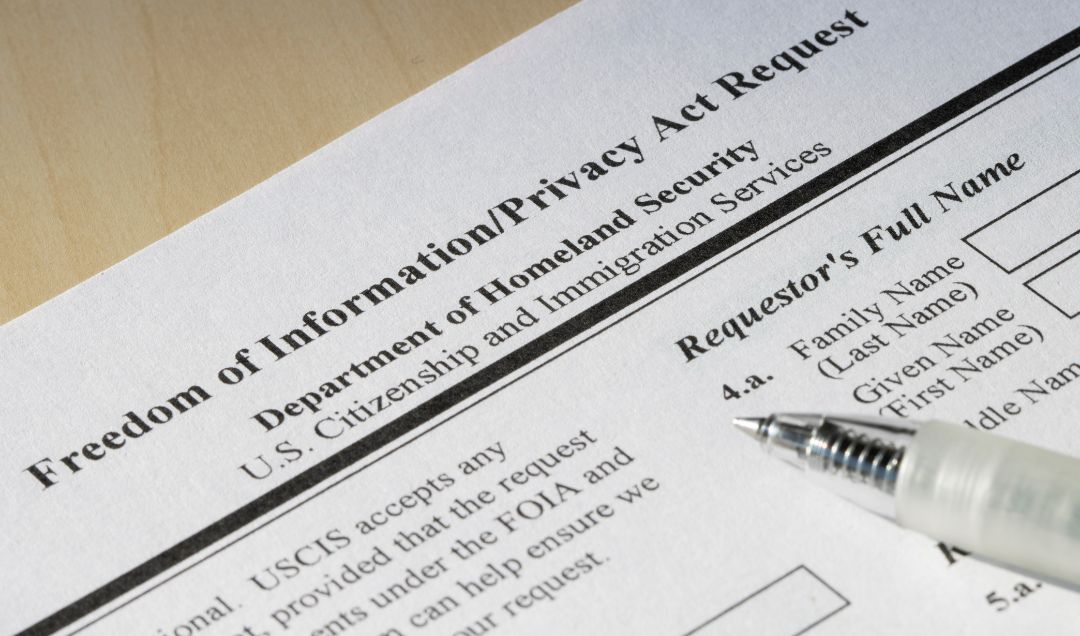 A photographed Freedom of Information Act (FOIA) request letter or FOIA filing paperwork.