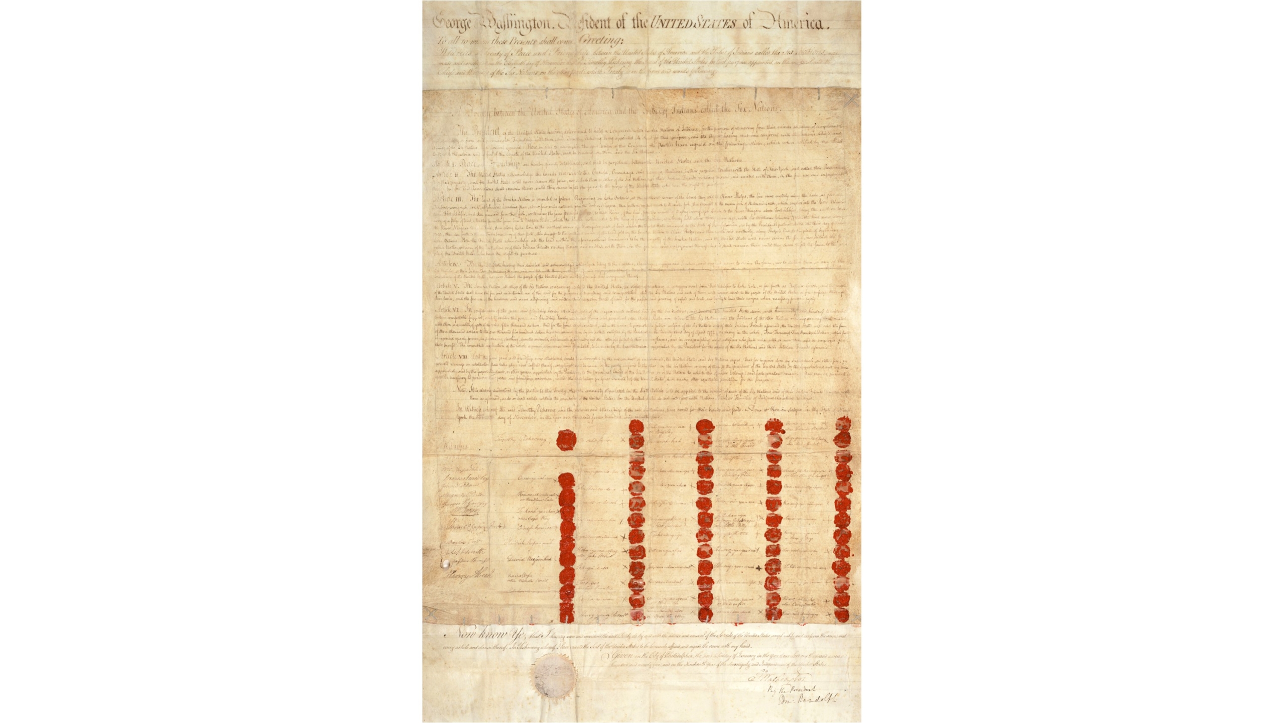 A photographed archival display or reproduction of the Treaty of Canandaigua document